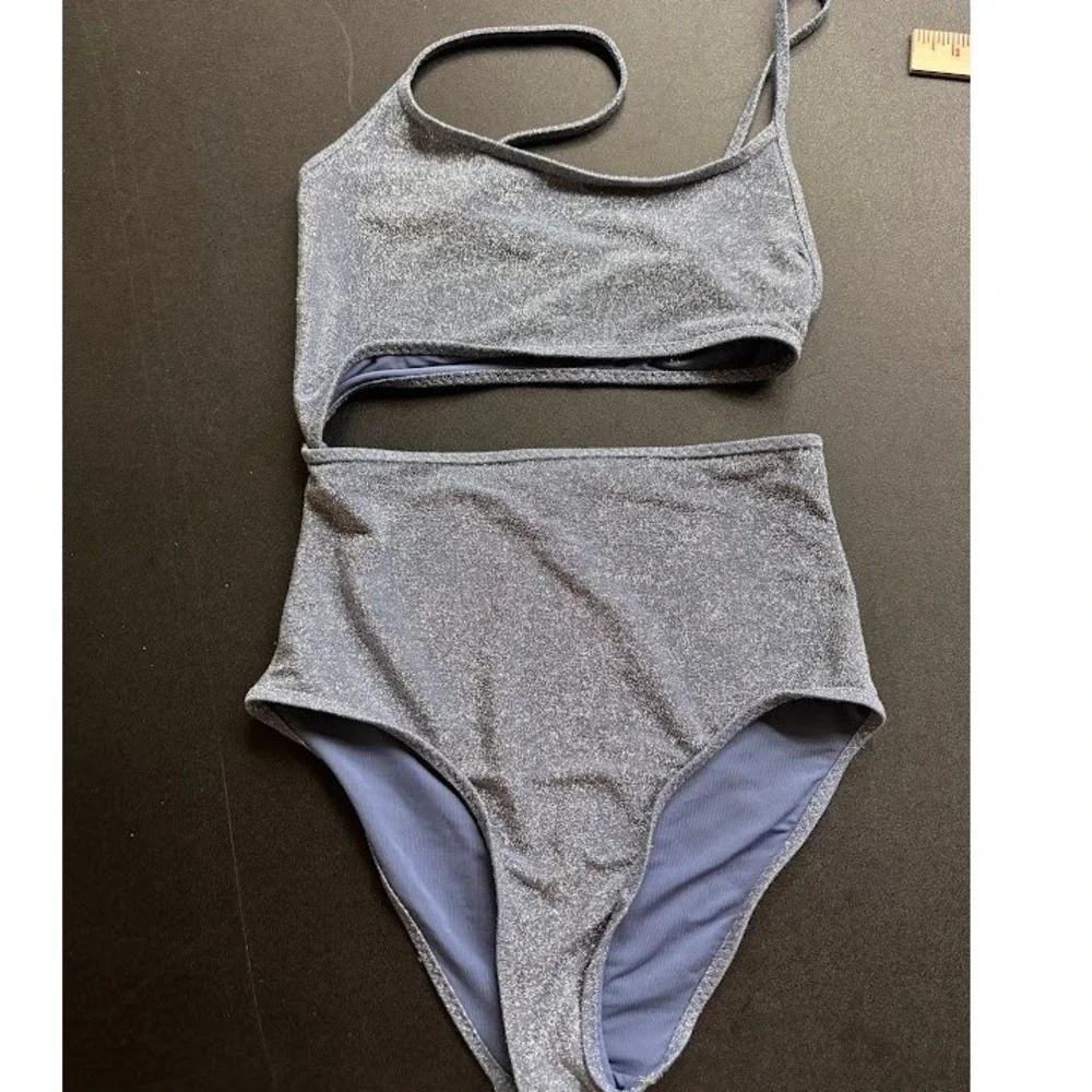 Aerie Womens‎ Metallic Blue Shimmer Side Cutout One Piece Cheeky Swimsuit S Long